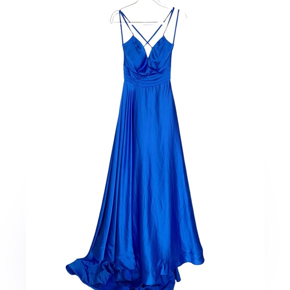 La Femme Royal Blue Satin Deep V-neck A-line Gown Formal Gown Prom Size 8 - Picture 2 of 7